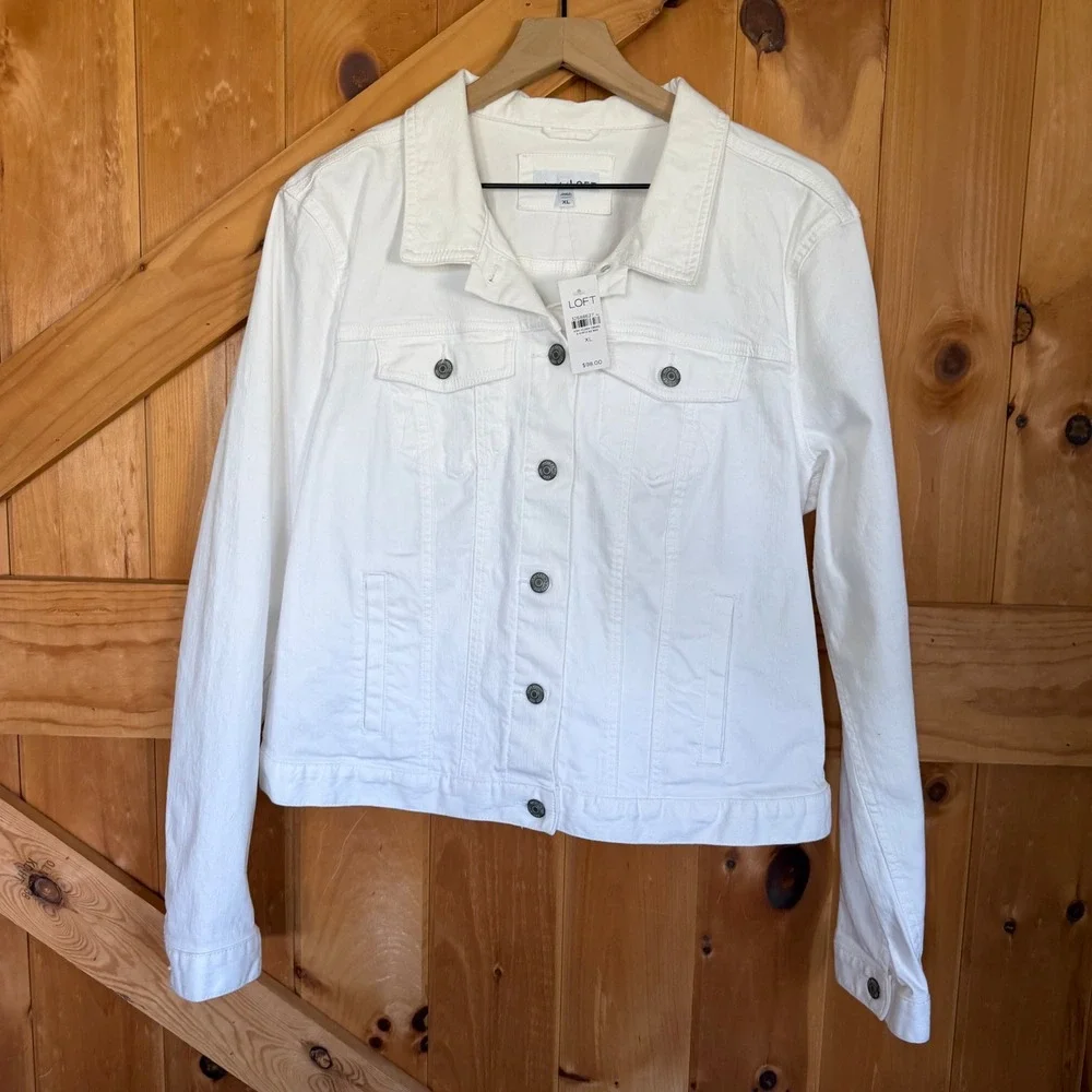 LOFT Denim Jacket White Button Front Trucker Women XL - Picture 1 of 15